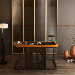 新中式书房禅意实木书桌书画桌书法桌画案3D模型下载